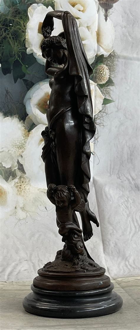 Original Harriet Nude Nymph W/ Cherub Bronze Sculpture Marble Base