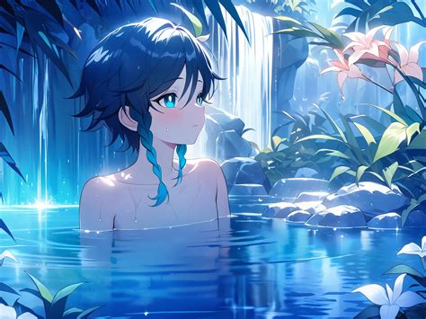 Anime girl in a pond with flowers and water（venti (genshin impact