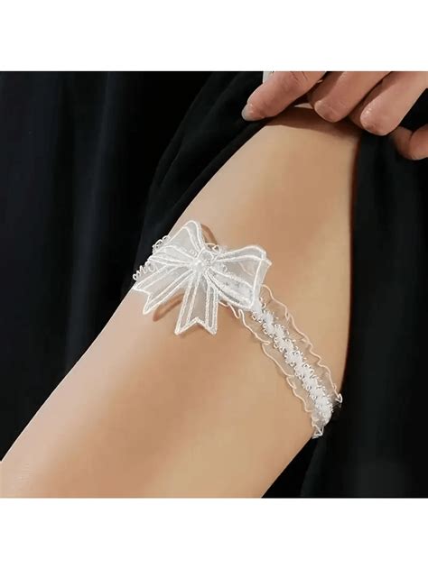Elegant White Lace Garter, Faux Pearl Bow, Bridal Thigh Chain, Wedding