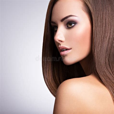 Portrait of Beautiful Young Woman with Long Straight Brown Hair Stock ...