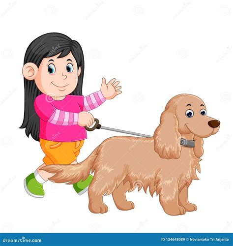 Una Niña Está Caminando Con Su Perro Femenino Y Está Agitando Su Mano
