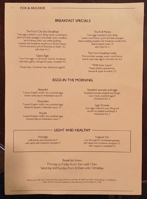 Menu at Fox & Anchor pub & bar, London