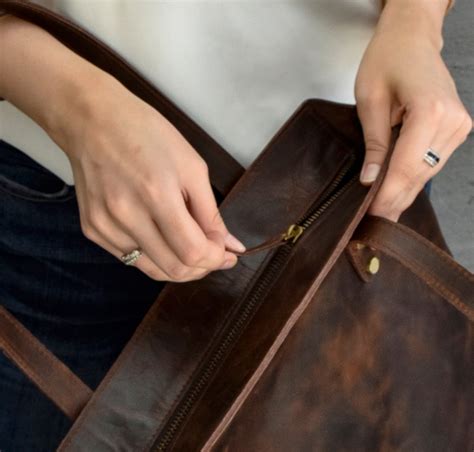 Leather tote bag brown zipper leather purse large on sale | Etsy