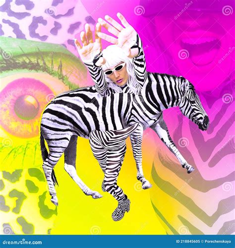 Contemporary Digital Funky Minimal Collage Poster. Zebra Girl Funny