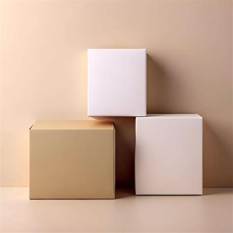 Minimalist product display featuring a brown cardboard box and two white boxes perfect for ...