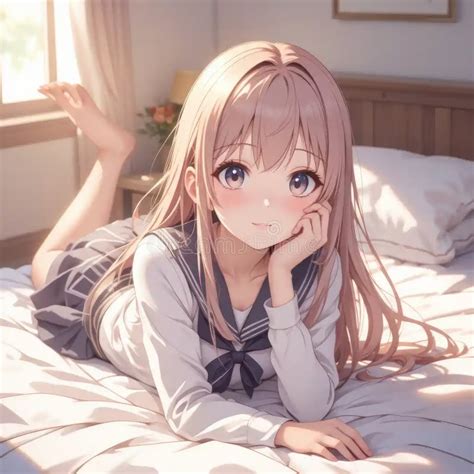 adorable anime girl  sailor uniform resting  bed  sunlit room