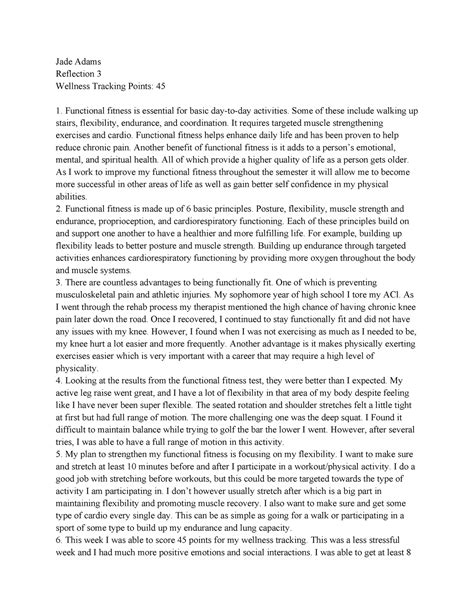 Reflection assignment 3 - Jade Adams Reflection 3 Wellness Tracking