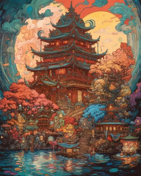 Premium AI Image | A painting of a japanese temple with a bridge in the ...