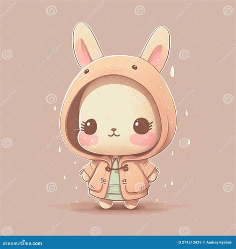 Cute Baby Bunny In A Raincoat. Kawaii Style. Mascot Rabbit Illuatration. Hand Drawn Style. Ai ...