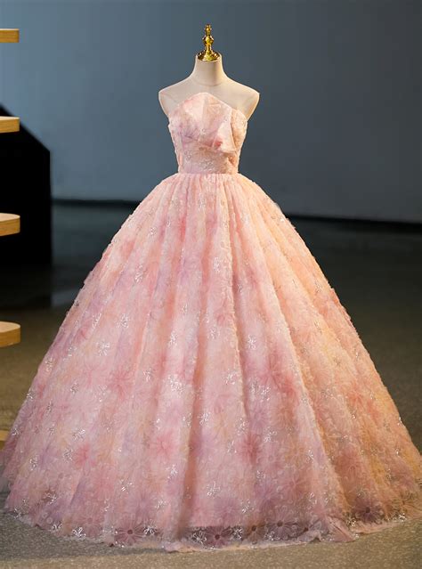 Red Ball Gown Tulle Strapless Flower Quinceanera Dress