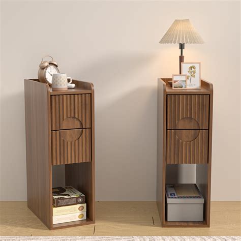 End Tables Set of 2, Small Side Table, Slim Side Table, Wood 2 Drawer