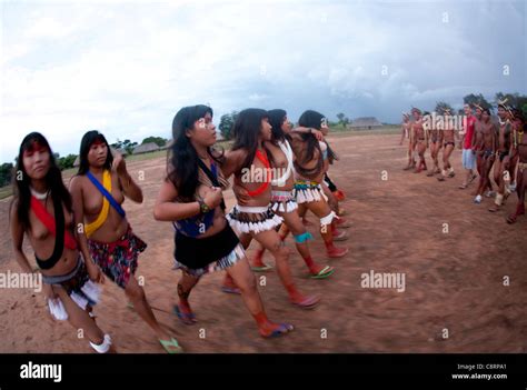 traditional dance by Xingu indians in the Amazone, Brazil Stock Photo ...