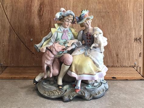 Vintage German Porcelain Sculpture Victorian Couple Statue With Dog and ...