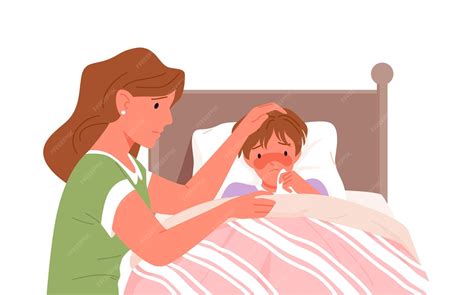 Filho Doente Mae Cansada - Mãe e filho doente com febre de gripe fria ilustração vetorial doente ...