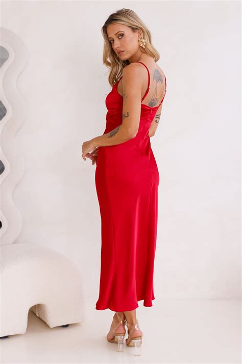 Style Compass Satin Midi Dress Red | Hello Molly