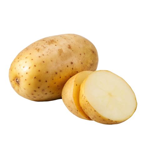 A whole potato and two slices of potato isolated on white background