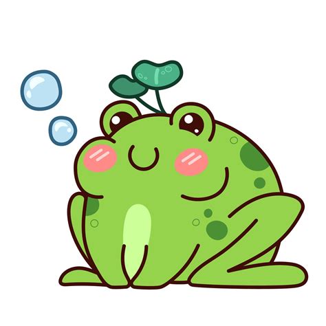 Kawaii frog with water lily leaves on head. Water bubbles. Cute