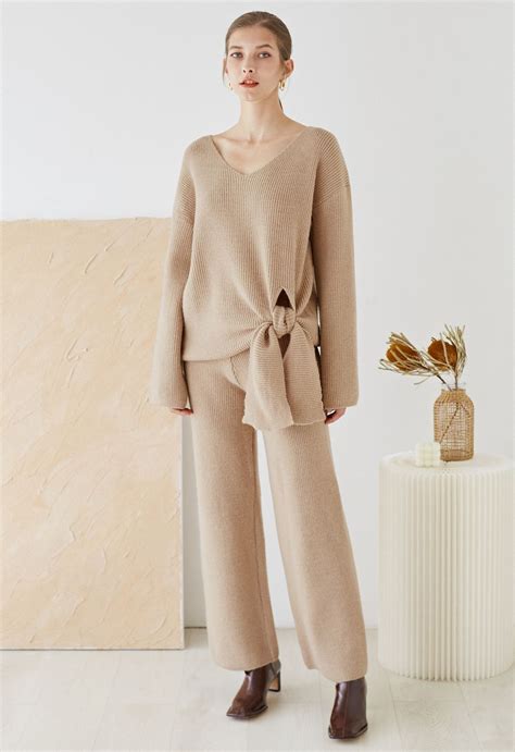 Side Knot Sweater and Straight Leg Pants Knit Set in Light Tan - Retro