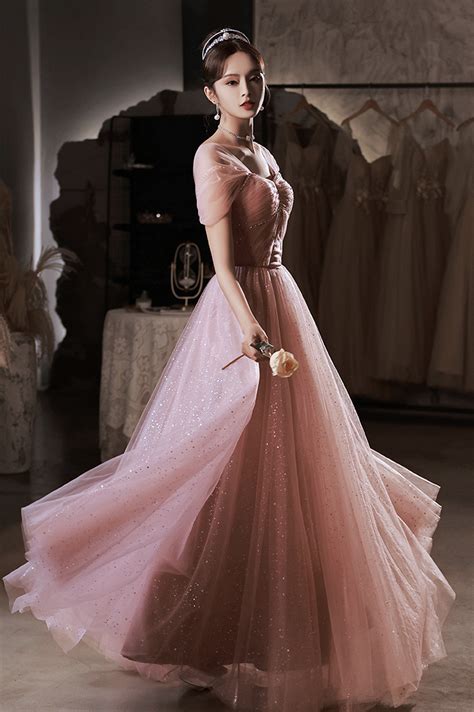 Pink tulle sequins long prom dress pink evening dress · Little Cute