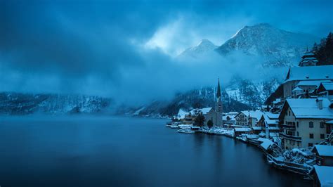 lake, mountains, village, hallstatt, austria, 4k HD Wallpaper