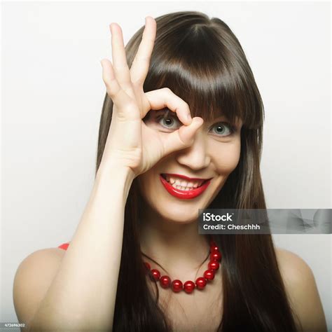 close  portrait smiling brunette stock photo  image