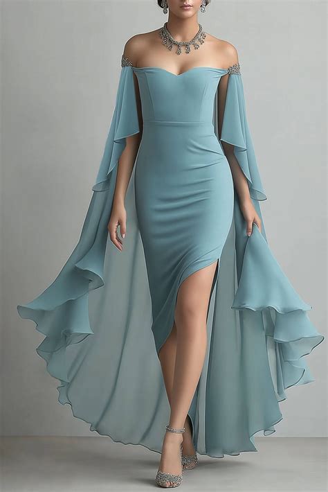 Semi-Formal Party Dress Light Blue One Shoulder Rhinestone Slit Maxi D