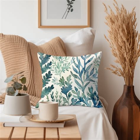 Sage Green and Blue Coral Throw Pillows, Living Room Accent Square ...