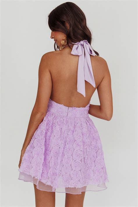 Lovelle Halter Neck Rosette Mini Dress Lavender | Purple short dress