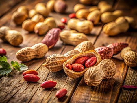 closeup view  roasted peanuts   shell scattered   rustic