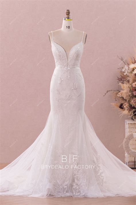 Beaded Leaf Plunging Neck Shimmering Mermaid Wedding Dress