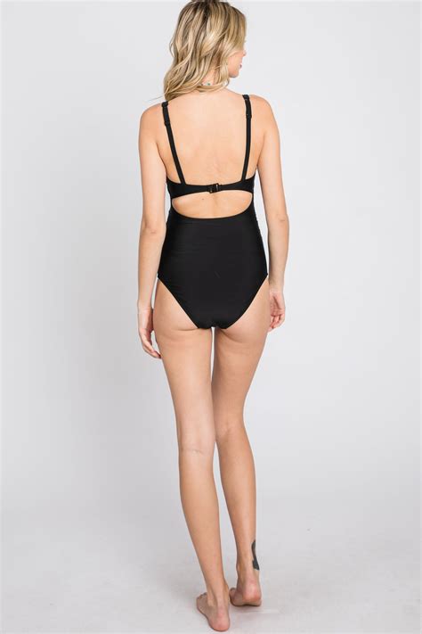 Black Ruched Sides Front Cutout One Piece Swimsuit– PinkBlush