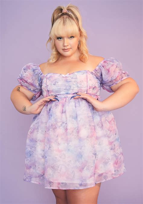 Plus Size Sugar Thrillz Cherub Print Organza Babydoll Dress - Purple