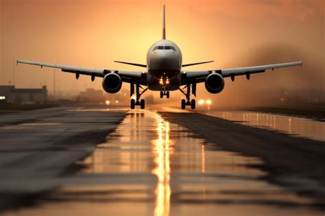 Premium AI Image | Airplane landing approaching the runway at sunset