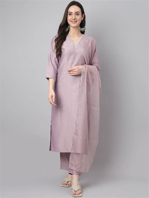 womens lavender chinon embellished kurta  pant  dupatta