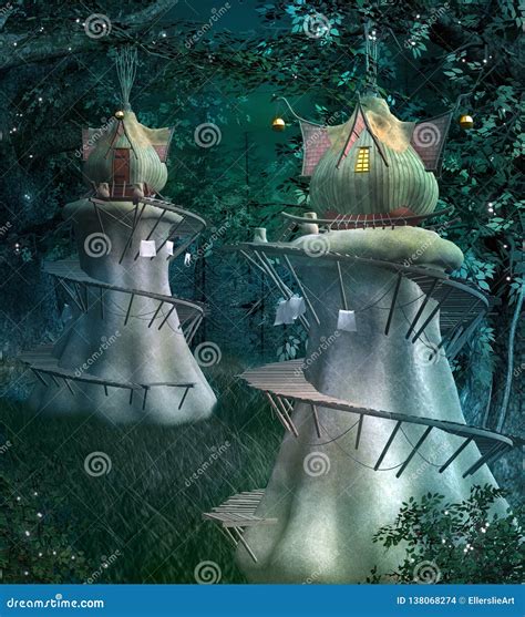 Elves Fantasy Town in the Mysterious Underwood Stock Illustration