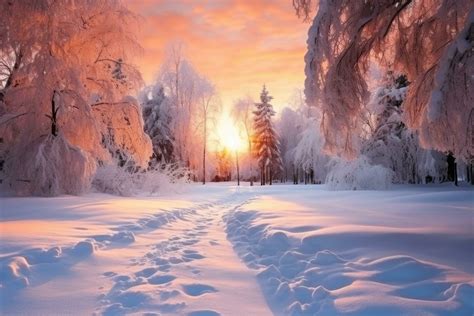 Beautiful winter landscape in the rays of sunset. Snowy road among