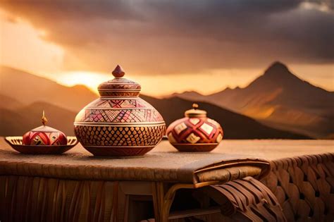 Premium AI Image | a sunset over a table with a mountain view.