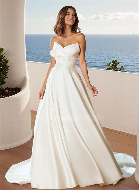 A-Line Strapless Sleeveless Court Train Satin Wedding Dresses - Missacc