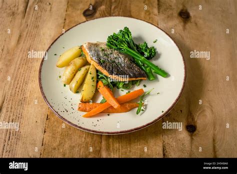 salmon  roasted vegetables   plate studio stock photo alamy