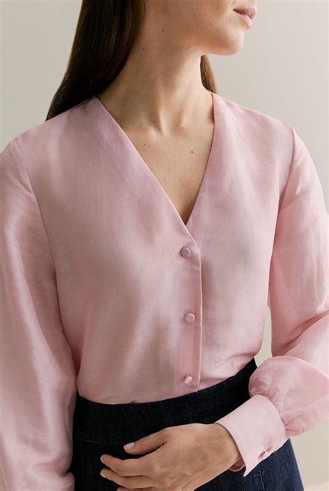 mauve pink linen silk  neck blouse women shirts trenery