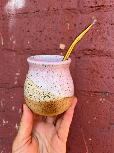 8 Oz Pink and White Handmade Yerba Mate Cup, Ceramic Gourd, Tereré