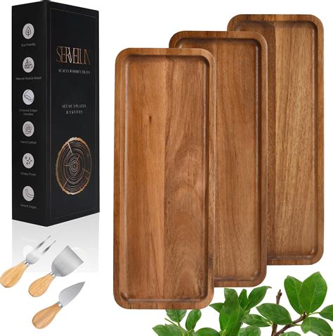 amazoncom acacia wooden tray pack   wood serving tray rectangle