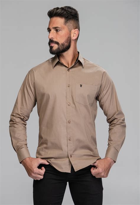 CAMISA MASCULINA SOCIAL TRADICIONAL MANGA LONGA CAQUI - PREMIUM