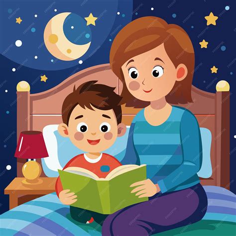 Madre de dibujos animados leyendo un cuento para el hijo antes de
