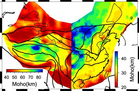 Map of derived crustal thickness. The crustal thickness is estimated ...