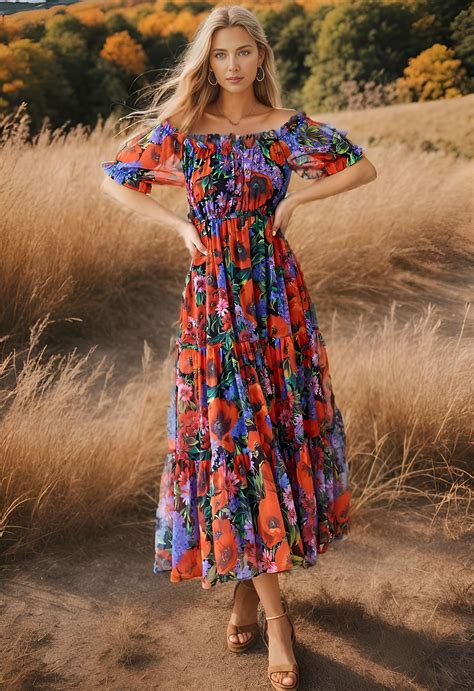 Bright Red Floral Off-Shoulder Chiffon Dress - Retro, Indie and Unique