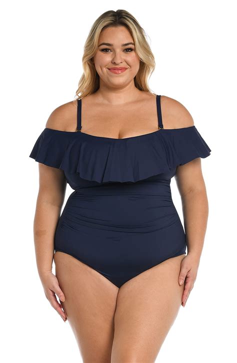 La Blanca Womens Island Goddess Off Shoulder Ruffle One Piece Swimsuit