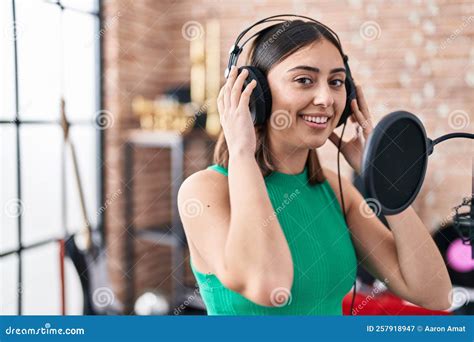 Young Hispanic Woman Artist Singing Song at Music Studio Stock Image ...