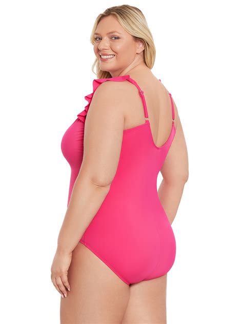 Time and Tru Women's and Plus Solid Ruffle Strap One Piece Swimsuit