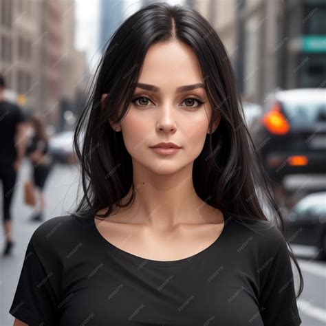 Premium AI Image | A average looking woman wearing a black t shirt in a